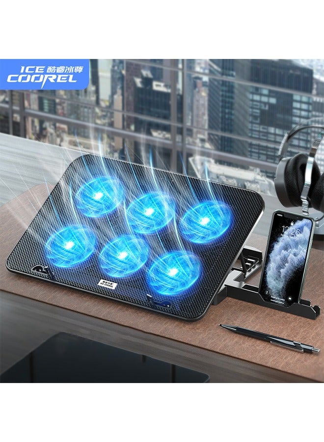 آيس كوريل لوحة تبريد لابتوب فائقة النحافة مع 6 مراوح LED هادئة، سرعة مروحة قابلة للتعديل، تعمل عبر USB، تصميم محمول لأجهزة اللابتوب 13-17 بوصة + حامل هاتف – مثالية للألعاب والاستخدام اليومي - Image 1