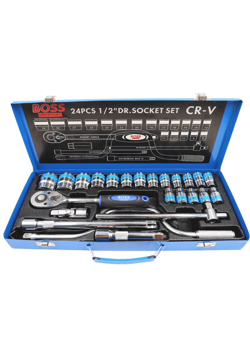 BOSS LIFE STYLE - 24 Pieces Socket Set 1/2" Master Drive CRV Impact Socket Set in Metal Portable Case, Includes Extension Bars, Universal Joint & Sliding T-bar for home use and professional purpose - Image 1