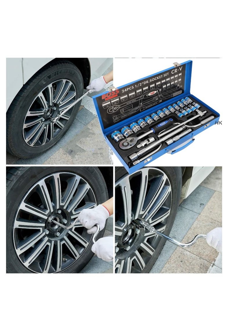 BOSS LIFE STYLE - 24 Pieces Socket Set 1/2" Master Drive CRV Impact Socket Set in Metal Portable Case, Includes Extension Bars, Universal Joint & Sliding T-bar for home use and professional purpose - Image 1