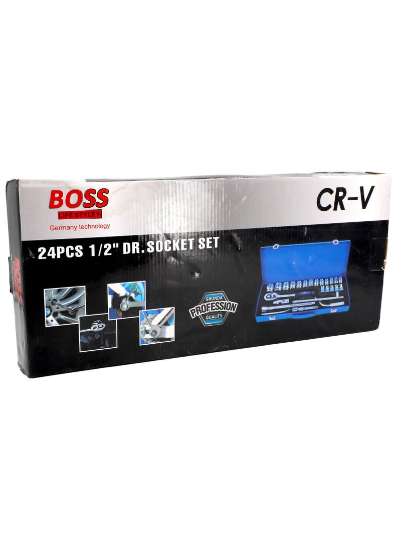 BOSS LIFE STYLE - 24 Pieces Socket Set 1/2" Master Drive CRV Impact Socket Set in Metal Portable Case, Includes Extension Bars, Universal Joint & Sliding T-bar for home use and professional purpose - Image 1