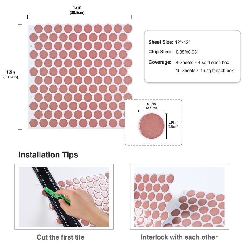 CRE8TIVE 4 Sheets Penny Round Tile Peel and Stick Backsplash Peach Pink Mosaic Peel and Stick Tile for Kitchen Bathroom Back Splash 3D Shower Tiles Waterproof Removable Backsplash for Renters 12"x12" - Image 2