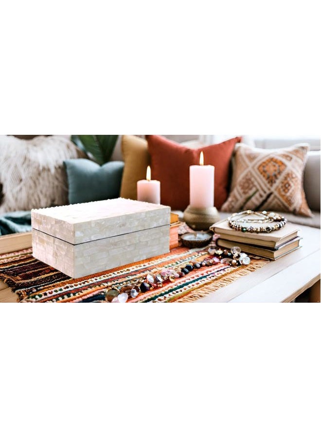 PEMAR Mother of Pearl Jewelry Boxes w Lids Rectangular Keepsake Treasure Chest, Shelf Decorative Wooden Nacre Storage Box for Tea Bags, Coffee, Office Supplies, Jewellery, Accessories (White Sand) - Image 5