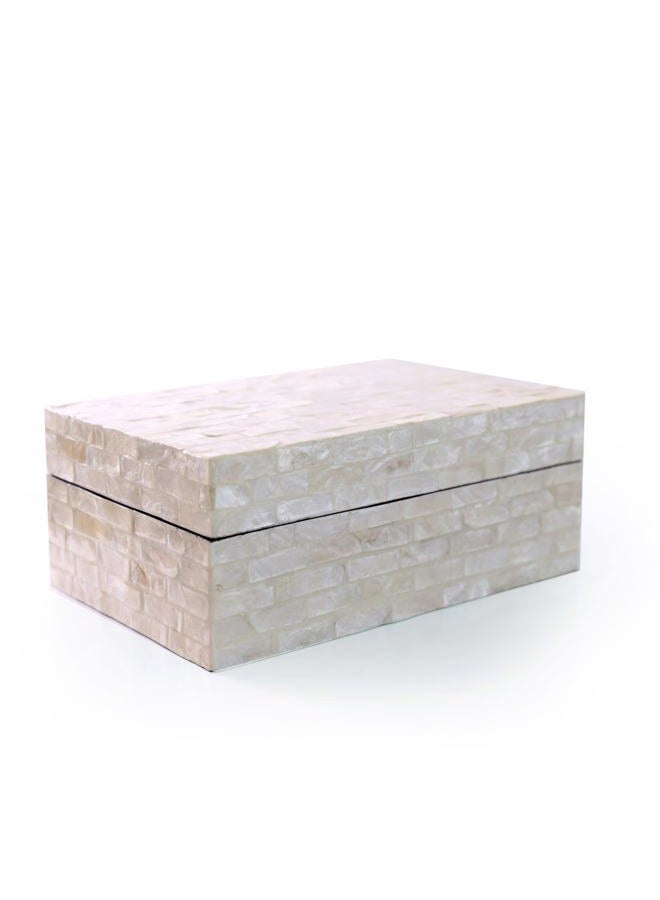 PEMAR Mother of Pearl Jewelry Boxes w Lids Rectangular Keepsake Treasure Chest, Shelf Decorative Wooden Nacre Storage Box for Tea Bags, Coffee, Office Supplies, Jewellery, Accessories (White Sand) - Image 1