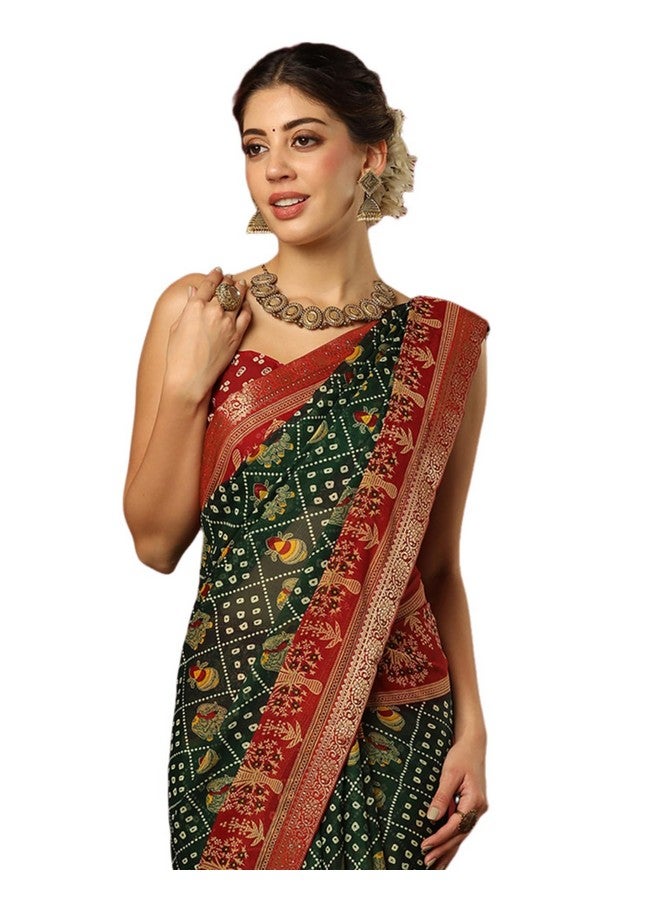 SIRIL Women's Georgette Bandhani Printed Saree With Unstitched Blouse Piece (4320S201_Dark Green & Maroon) - Image 1