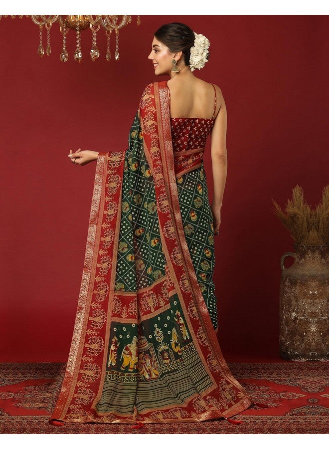 SIRIL Women's Georgette Bandhani Printed Saree With Unstitched Blouse Piece (4320S201_Dark Green & Maroon) - Image 3
