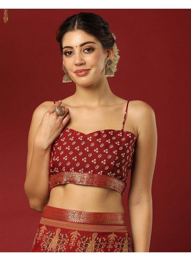 SIRIL Women's Georgette Bandhani Printed Saree With Unstitched Blouse Piece (4320S201_Dark Green & Maroon) - Image 5