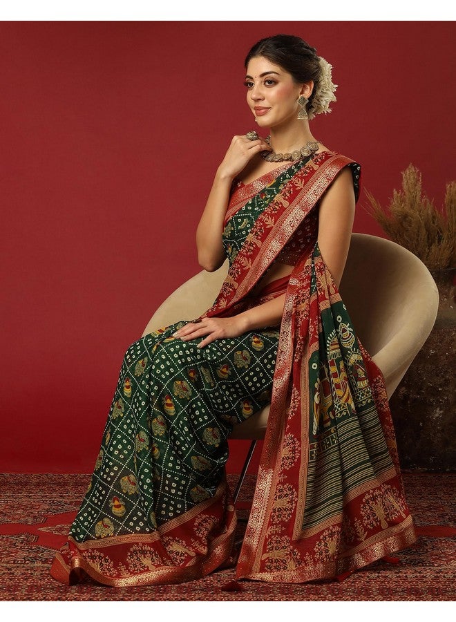 SIRIL Women's Georgette Bandhani Printed Saree With Unstitched Blouse Piece (4320S201_Dark Green & Maroon) - Image 2