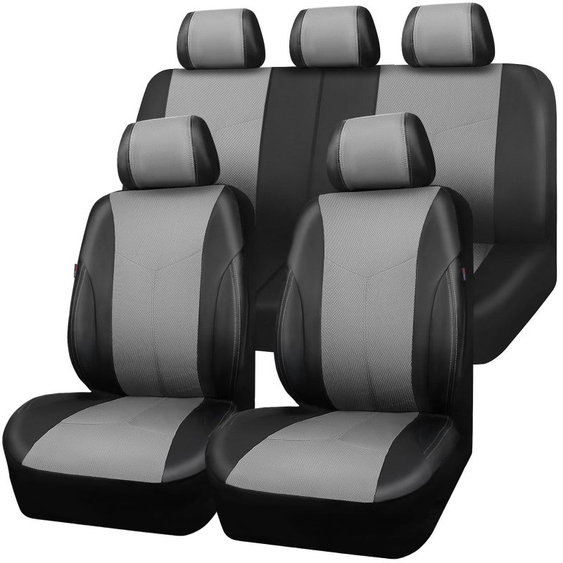 CAR PASS Faux Leather with AIR Fresh Mesh Car Seat Covers Full Set Waterproof Airbag Compatiable Anti Slip Automotive Seat Covers Universal Fit for Most Sedan SUV Van Truck Light Gray - Image 2