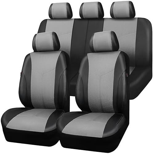CAR PASS Faux Leather with AIR Fresh Mesh Car Seat Covers Full Set Waterproof Airbag Compatiable Anti Slip Automotive Seat Covers Universal Fit for Most Sedan SUV Van Truck Light Gray - Image 1