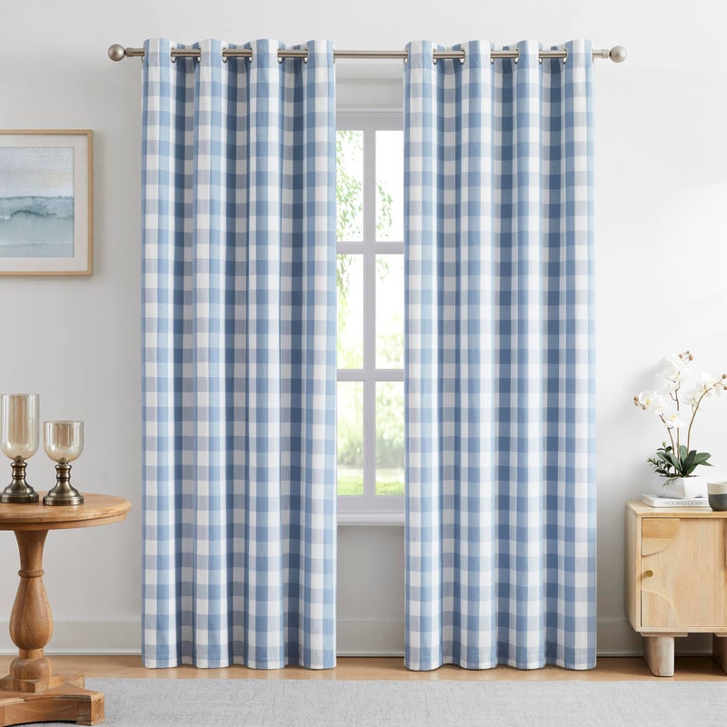 Amzdecor Blue White Buffalo Plaid Full Blackout Curtains 84 Inch Long for Bedroom Living Room Farmhouse Check Patterned Drapes Thermal Insulated Soundproof Grommet Window Treatment, 2 Panels, 52"x84" - Image 1
