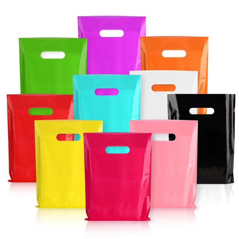 POPGIFTU 100-Pack Plastic Gift Bags with Handles -10 Vibrant Colors, 9x12 Inches,1.75 Mil Thick Glossy, Bulk Multicolor Goodie Bags for Kids Birthday, Party Favors, Small Business & Retail Store - Image 1