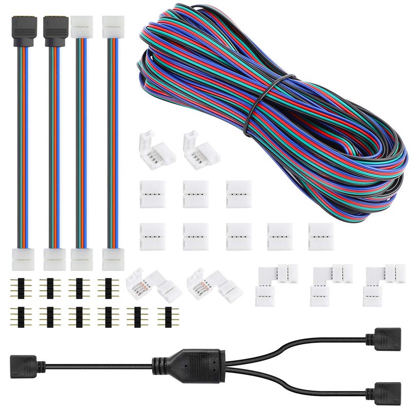 SUPERNIGHT 4 Pin 10mm LED Light Strip Connector 5050 2835 RGB Rope Lights Connector Kit 328ft10M Extension Wire Solderless Jumpers 90 Degree Connector Male to Female for 10mm PCB