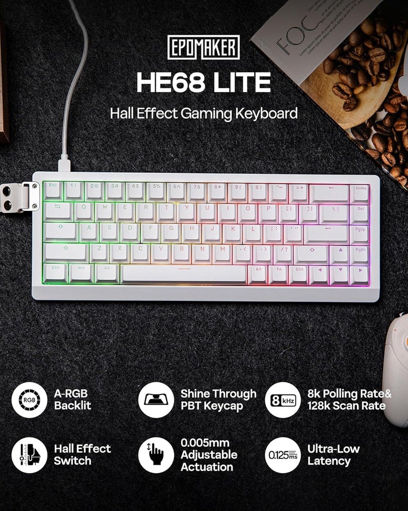 EPOMAKER HE68 Lite Hall Effect Gaming Keyboard, 8k Polling & 128K Scan Rate, 0.005mm Adjustable Trigger, 0.125ms Latency, 5-Layer Sound-Dampened, Snap Key, SOCD, A-RGB, Wired, Mac Software (White) - Image 2