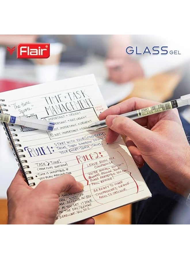FLAIR Glass 0.6mm Gel Pen Stand | Transparent Glass Design With Soft Rubber Grip | Waterproof Low-Viscosity Ink For Smudge Free Writing | Blue, Black & Red Ink, Pack of 50 Pens - Image 4