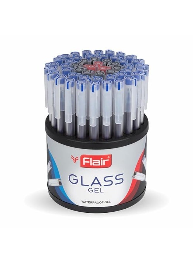 FLAIR Glass 0.6mm Gel Pen Stand | Transparent Glass Design With Soft Rubber Grip | Waterproof Low-Viscosity Ink For Smudge Free Writing | Blue, Black & Red Ink, Pack of 50 Pens - Image 1