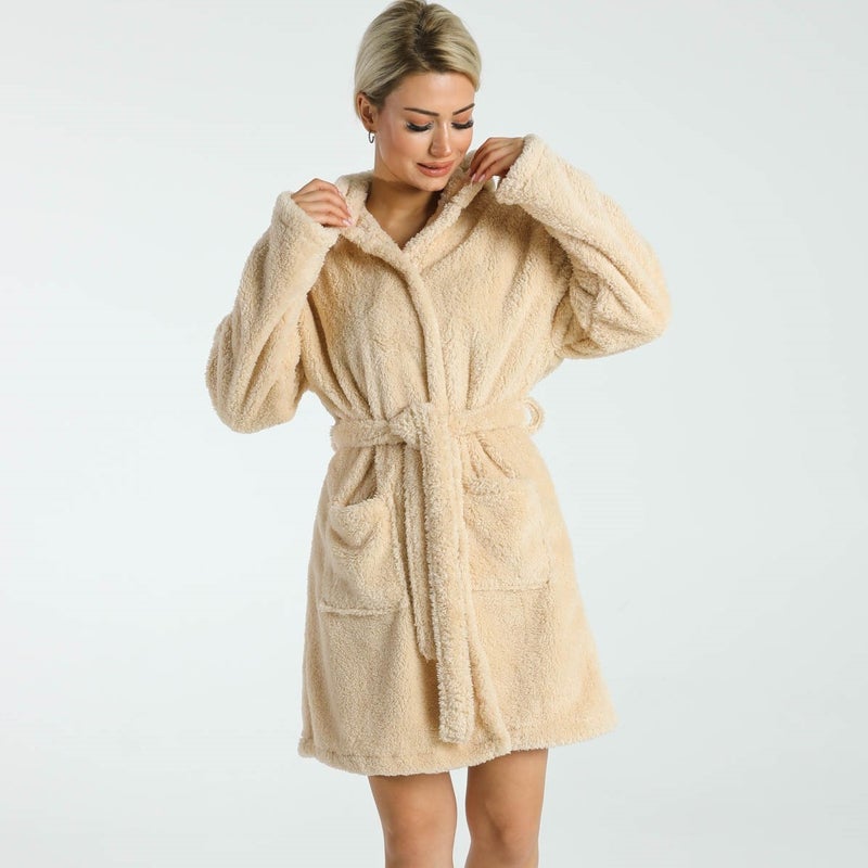 Caqqa Super Soft Cappucino Hooded Welsoft Dressing Gown  - Image 3