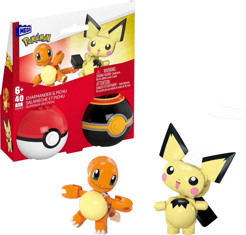 Mega Brands MEGA Pokémon Building Toys Set Pichu & Charmander with 40 Pieces, 2 Poseable Characters and Poké Ball, 2 Inches Tall, for Kids - Image 1