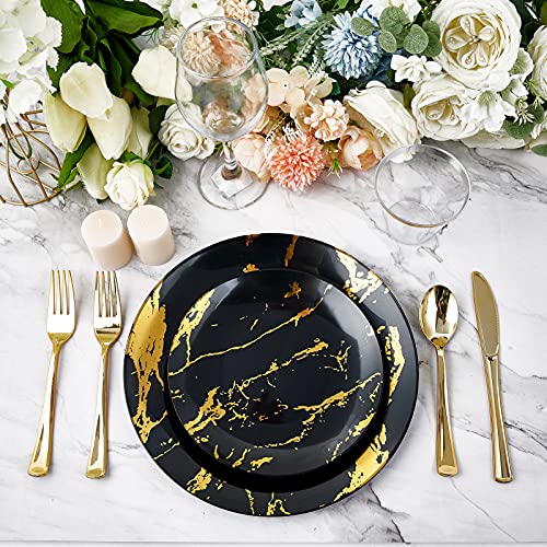 JOLLY PARTY 180PCS Disposable Dinnerware Set 30 Guest, 60 Black and Gold Plastic Plates, 30 Silverware, 30 Plastic Cups, Marble Design Dinnerware for Halloween, Wedding and Parties - Image 2