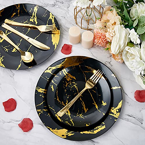 JOLLY PARTY 180PCS Disposable Dinnerware Set 30 Guest, 60 Black and Gold Plastic Plates, 30 Silverware, 30 Plastic Cups, Marble Design Dinnerware for Halloween, Wedding and Parties - Image 4