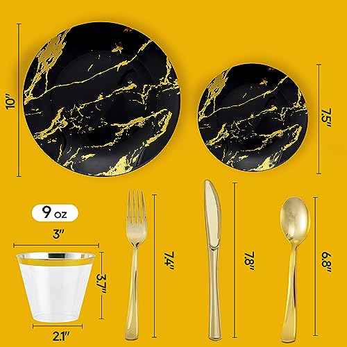 JOLLY PARTY 180PCS Disposable Dinnerware Set 30 Guest, 60 Black and Gold Plastic Plates, 30 Silverware, 30 Plastic Cups, Marble Design Dinnerware for Halloween, Wedding and Parties - Image 3