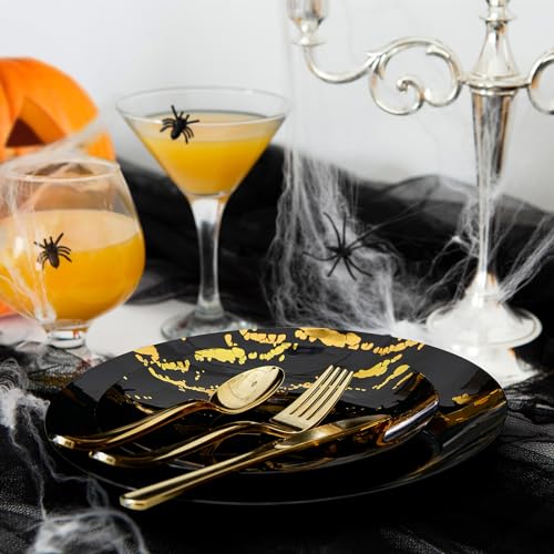 JOLLY PARTY 180PCS Disposable Dinnerware Set 30 Guest, 60 Black and Gold Plastic Plates, 30 Silverware, 30 Plastic Cups, Marble Design Dinnerware for Halloween, Wedding and Parties - Image 5