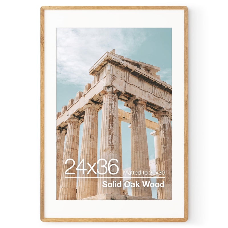 FLYJOE 24x36 Poster Frame | Solid Oak Wood 24 x 36 Picture Frame | 24x36 Poster Frame With Mat For 20x30 | Tempered Glass And Hanging Hardware Included | 36 By 24 Photo Frame Wood (Natural Oak, 1 PC) - Image 1