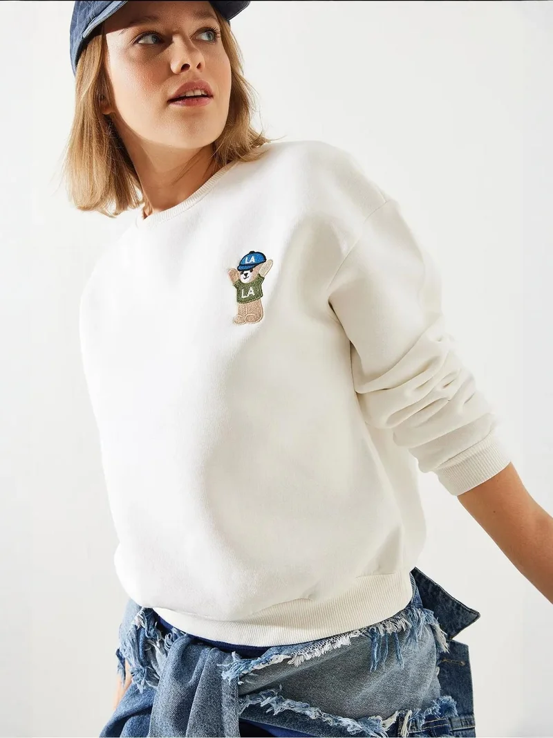 Bianco Lucci LUCCI Embroidered Cotton Crew Neck Sweatshirt