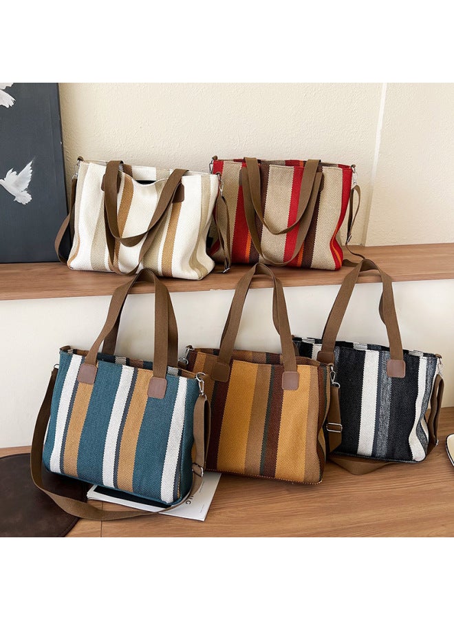 Striped Large Capacity Women's Bag 2024 Fashion Commuter Casual Western Style Portable Tote Shoulder Messenger Bag-Color:Red - Image 3