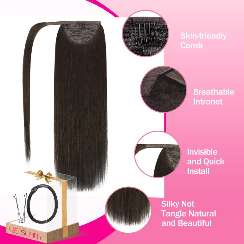 Ve Sunny Hair Extensions Ponytail Real Human Hair 80g Wrap Around Clip in Ponytail Hair Extensions Straight Extensions Human Hair for Women Brunette Dark Brown 14 Inch - Image 3