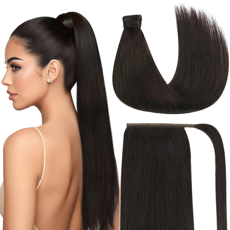 Ve Sunny Hair Extensions Ponytail Real Human Hair 80g Wrap Around Clip in Ponytail Hair Extensions Straight Extensions Human Hair for Women Brunette Dark Brown 14 Inch - Image 1
