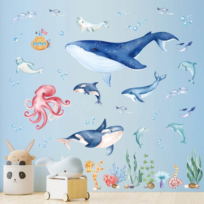 MIRALOOP wondever Under The Sea Whale Wall Stickers Ocean Fish Dolphin Peel and Stick Wall Art Decals for Baby Nursery Kids Bedroom Bathroom - Image 1
