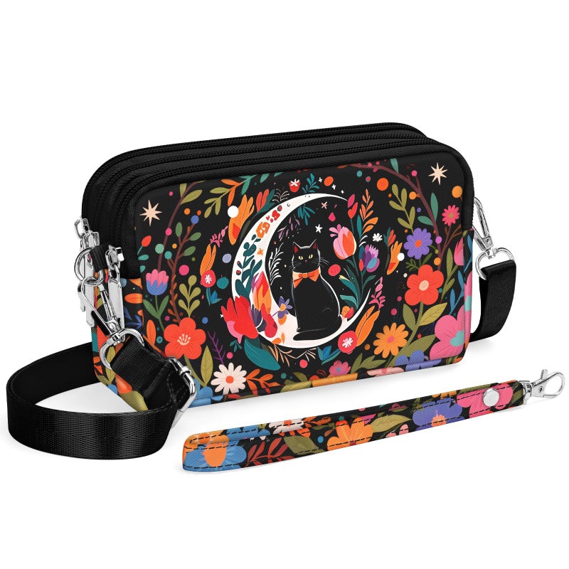YINHEXI Small Crossbody Bag for Women Small Shoulder Handbags Nylon Quilted 3 Zippers Cell Phone Wallet Bag Purse for Women (Black Cat Moon) - Image 1