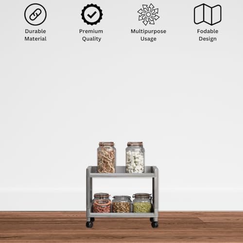 Biltoxi Plastic Multipurpose Storage Organizer with 2 Shelves for Home, Kitchen, Bathroom | Kitchen Trolley with Wheels (Silver) - Image 3