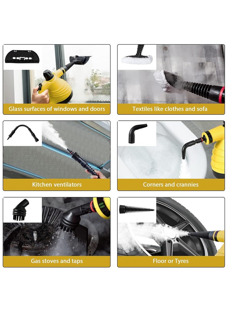 ارواق منظف ​​بخار محمول مع مجموعة ملحقات مكونة من 9 قطع، آلة تنظيف بالبخار متعددة الأغراض، منظف بخار مضغوط خالٍ من المواد الكيميائية، محمول للأريكة والسجاد والستارة ونافذة السيارة ومقعد السيارة (أصفر) - Image 3