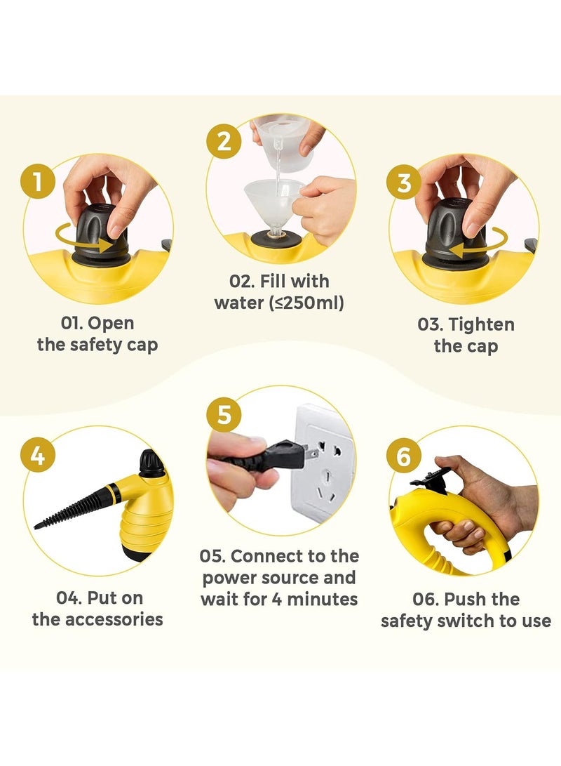 ارواق منظف ​​بخار محمول مع مجموعة ملحقات مكونة من 9 قطع، آلة تنظيف بالبخار متعددة الأغراض، منظف بخار مضغوط خالٍ من المواد الكيميائية، محمول للأريكة والسجاد والستارة ونافذة السيارة ومقعد السيارة (أصفر) - Image 4