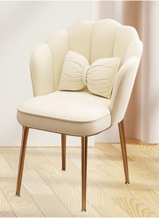 Generic Shell Back Vanity Chair with Bow Cushion, Cream Upholstered Makeup Stool, Gold Metal Legs, Non-Slip Feet  - Image 1