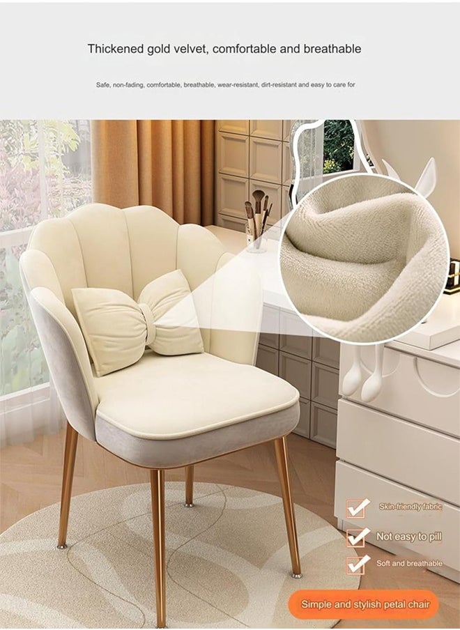 Generic Shell Back Vanity Chair with Bow Cushion, Cream Upholstered Makeup Stool, Gold Metal Legs, Non-Slip Feet  - Image 4
