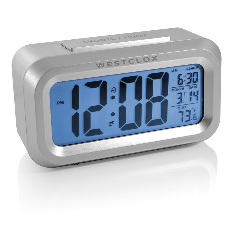 Westclox Alarm Clock with Large Digital Display and Blue Backlight on Demand, Westclox Alarm Clock, Month/Date and Temperature Display with Ascending 5 Minute Snooze Alarm, Silver - Image 1
