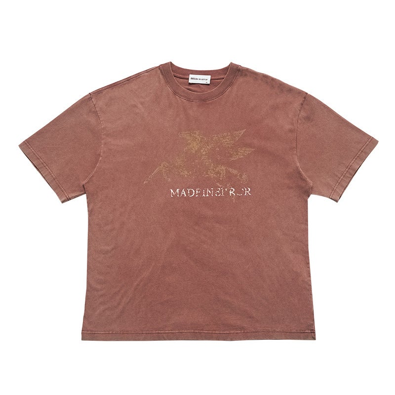 Unf American Retro T-Shirt Men'S Old Washed Destruction Crack Printed Short Sleeve Tee College Style Style - Image 1