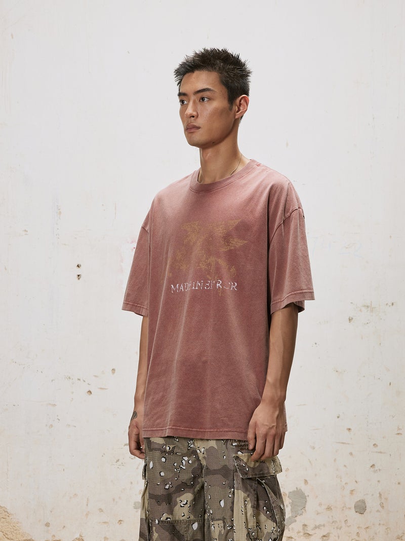 Unf American Retro T-Shirt Men'S Old Washed Destruction Crack Printed Short Sleeve Tee College Style Style - Image 5