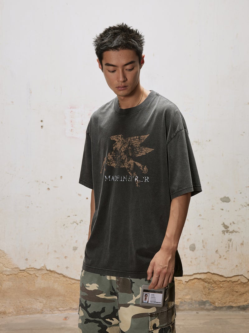 Unf American Retro T-Shirt Men'S Old Washed Destruction Crack Printed Short Sleeve Tee College Style Style - Image 3