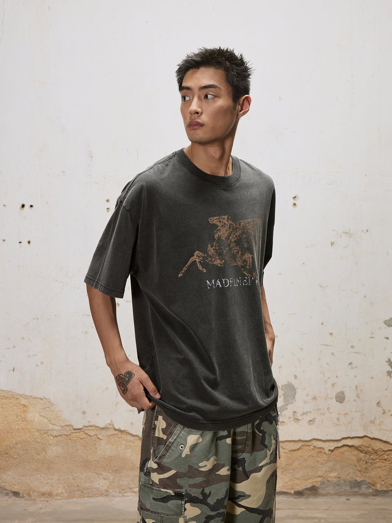 Unf American Retro T-Shirt Men'S Old Washed Destruction Crack Printed Short Sleeve Tee College Style Style - Image 2