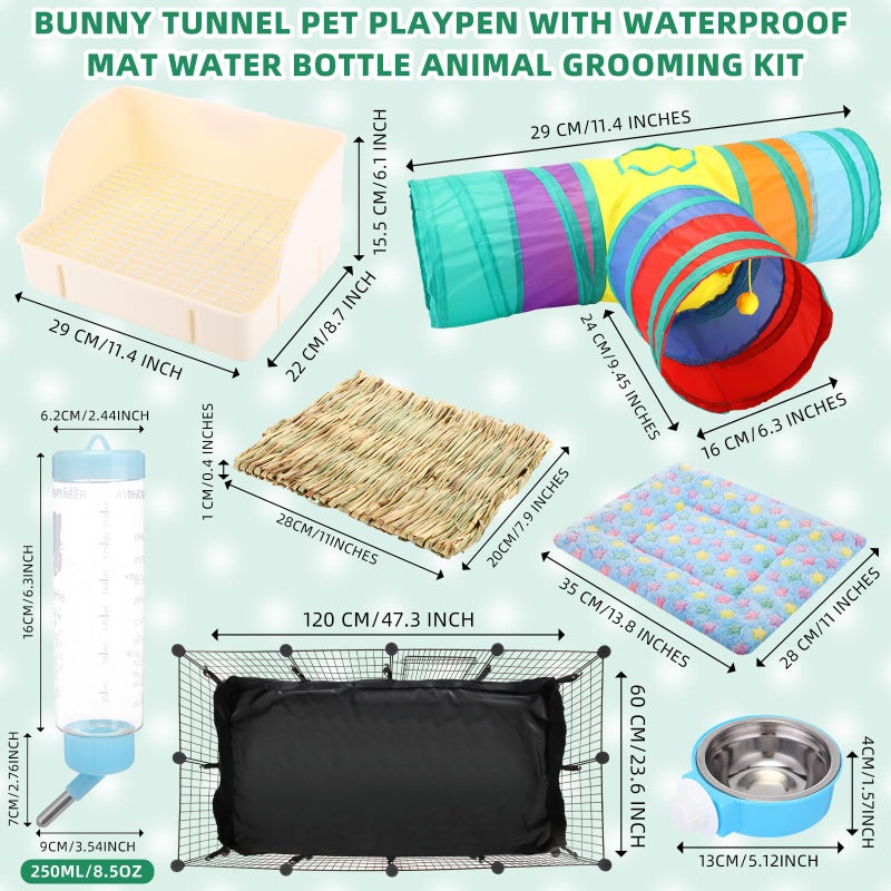 PullCrease 104 Pcs Rabbit Starter Kit Litter Box Bunny Tunnel Pet Playpen with Waterproof Mat Water Bottle Animal Grooming Kit Bowl Blankets with Cleaning Set for Guinea Pig Rabbit Accessories - Image 2