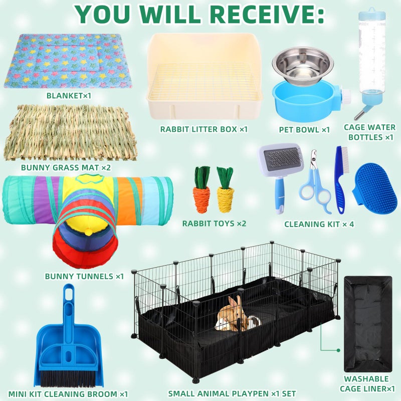 PullCrease 104 Pcs Rabbit Starter Kit Litter Box Bunny Tunnel Pet Playpen with Waterproof Mat Water Bottle Animal Grooming Kit Bowl Blankets with Cleaning Set for Guinea Pig Rabbit Accessories - Image 3