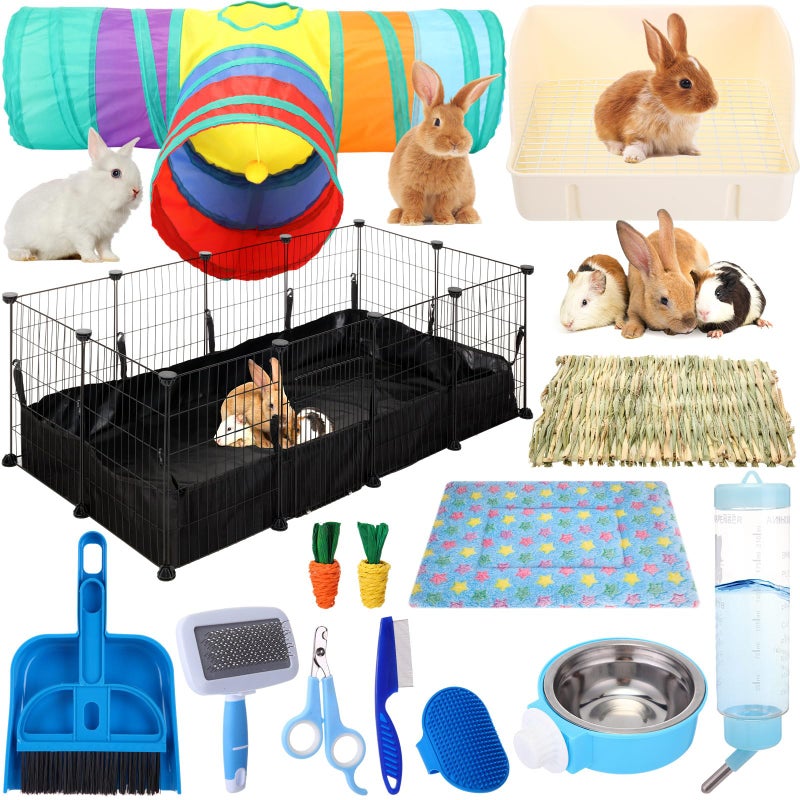 PullCrease 104 Pcs Rabbit Starter Kit Litter Box Bunny Tunnel Pet Playpen with Waterproof Mat Water Bottle Animal Grooming Kit Bowl Blankets with Cleaning Set for Guinea Pig Rabbit Accessories - Image 1