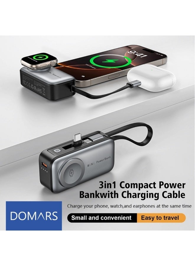 Domars 3-in-1 Mini Power Bank with Built-in Cable, 5000mAh Portable Charger with Magnetic Wireless Charging & Foldable Stand for iphone 15 16 17,Travel-Friendly External Battery Pack for Smartphones,Travel - Image 1