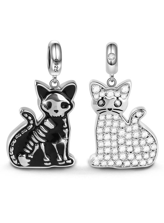 GNOCE Double Sided Cat Bracelet Charms Pendant Sterling Silver"Schrodinger's Cat" Skeleton Bones Bead Charms with Cubic Zirconia fit Bracelet/Necklace Jewelry Gift for Women Mens, Silver - Image 1