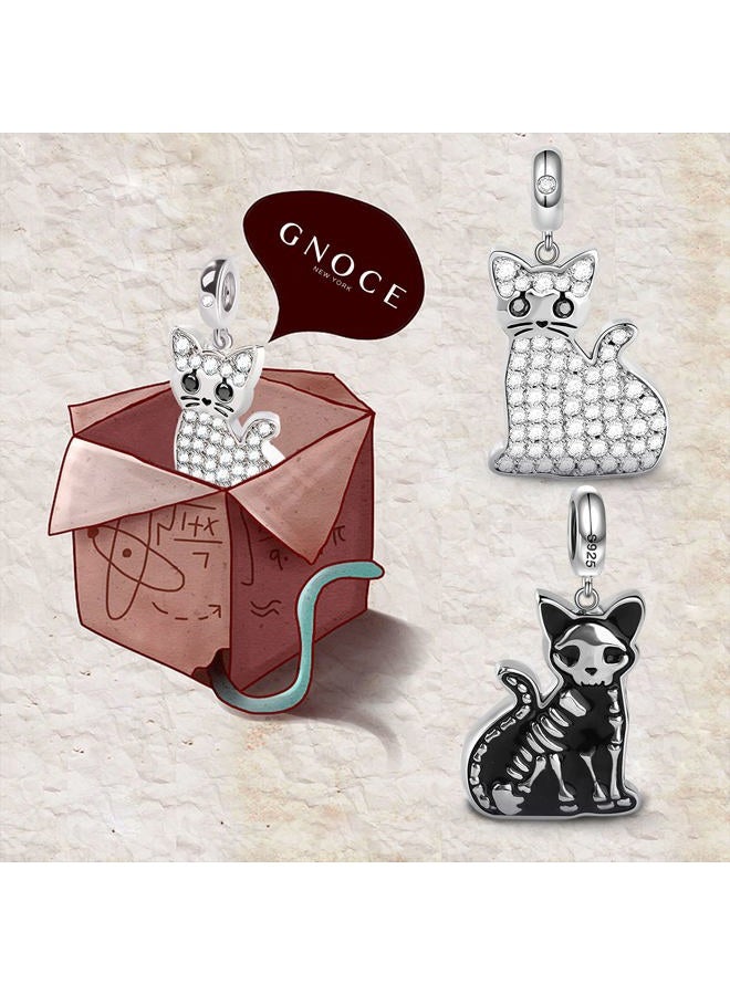 GNOCE Double Sided Cat Bracelet Charms Pendant Sterling Silver"Schrodinger's Cat" Skeleton Bones Bead Charms with Cubic Zirconia fit Bracelet/Necklace Jewelry Gift for Women Mens, Silver - Image 3
