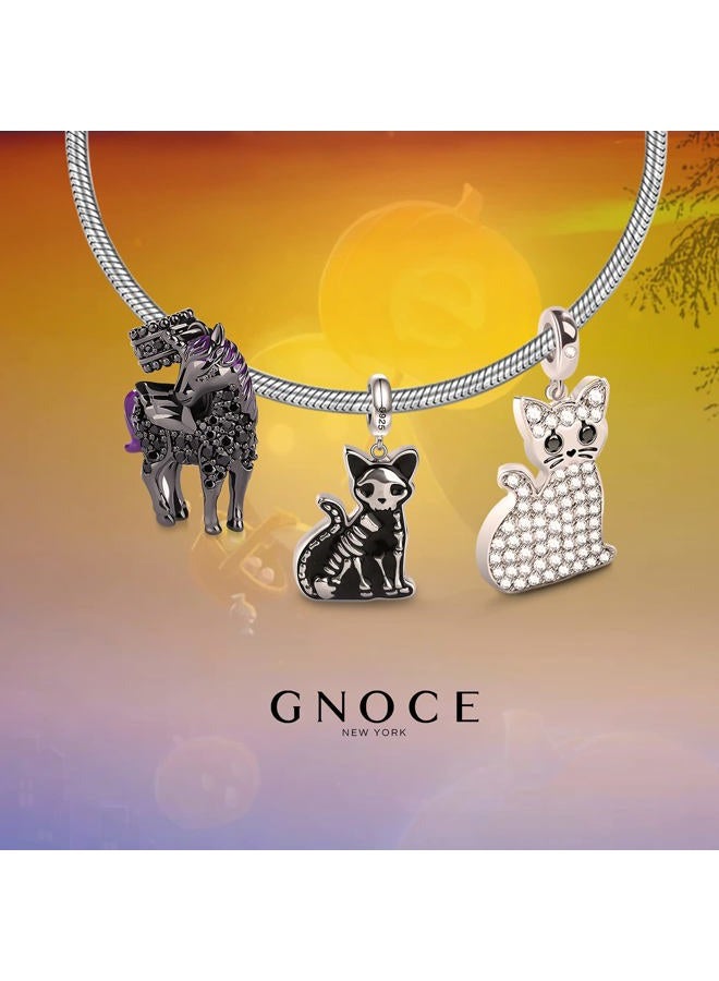 GNOCE Double Sided Cat Bracelet Charms Pendant Sterling Silver"Schrodinger's Cat" Skeleton Bones Bead Charms with Cubic Zirconia fit Bracelet/Necklace Jewelry Gift for Women Mens, Silver - Image 4