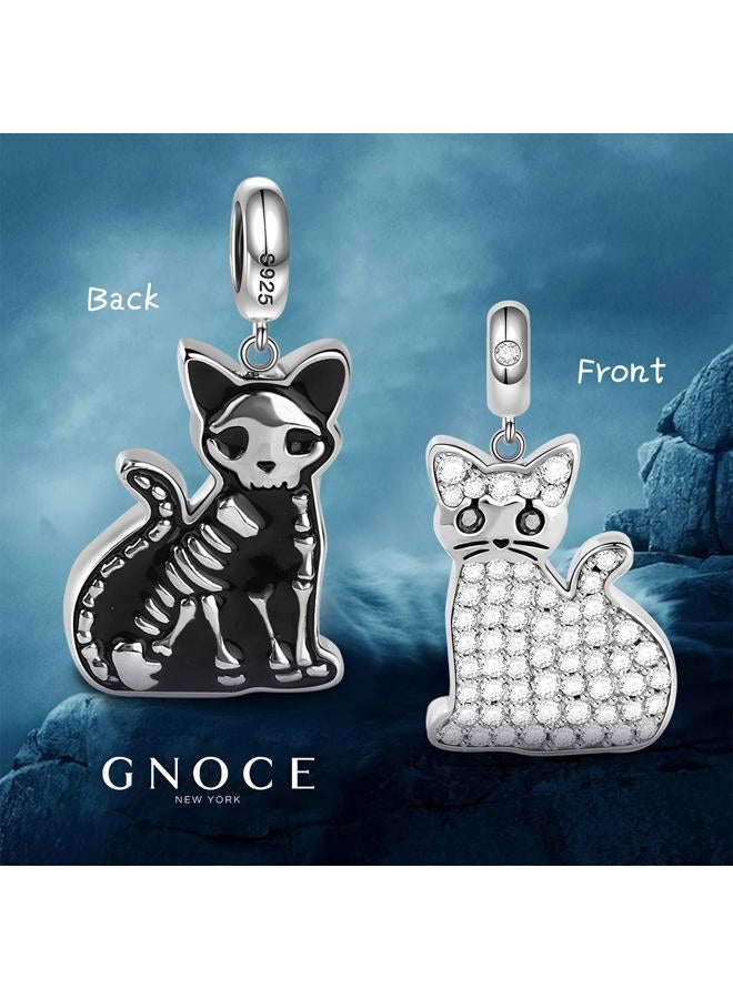 GNOCE Double Sided Cat Bracelet Charms Pendant Sterling Silver"Schrodinger's Cat" Skeleton Bones Bead Charms with Cubic Zirconia fit Bracelet/Necklace Jewelry Gift for Women Mens, Silver - Image 2